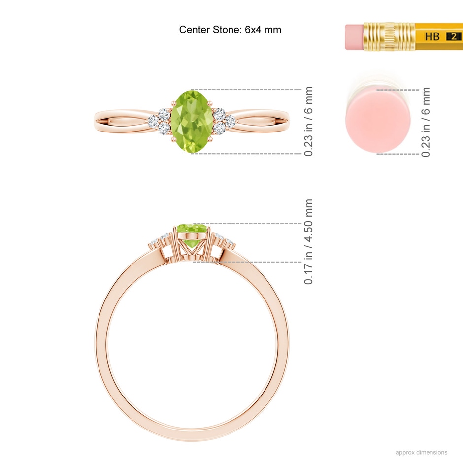 6x4mm AA Solitaire Oval Peridot Split Shank Ring with Trio Diamonds in Rose Gold ruler