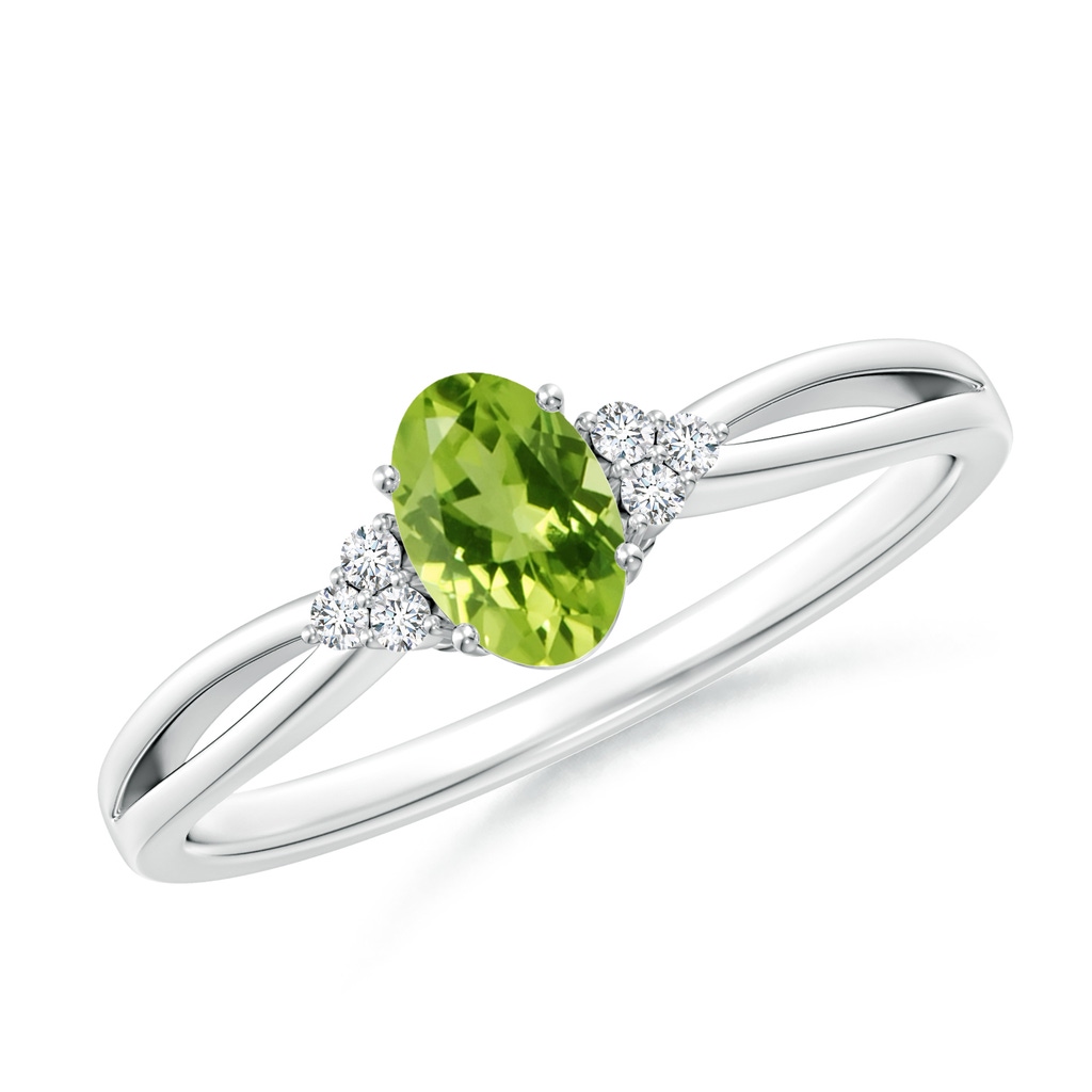 6x4mm AAA Solitaire Oval Peridot Split Shank Ring with Trio Diamonds in 9K White Gold
