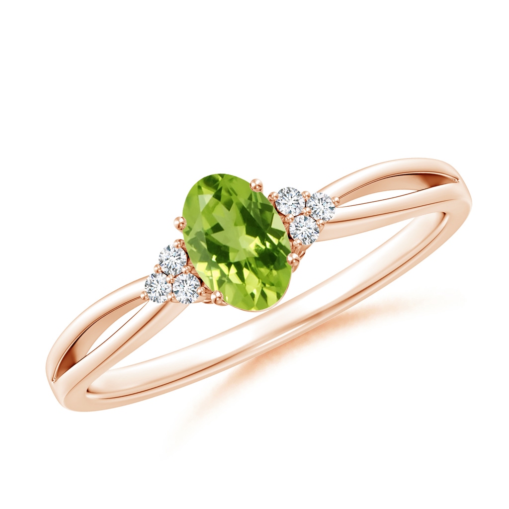 6x4mm AAA Solitaire Oval Peridot Split Shank Ring with Trio Diamonds in Rose Gold