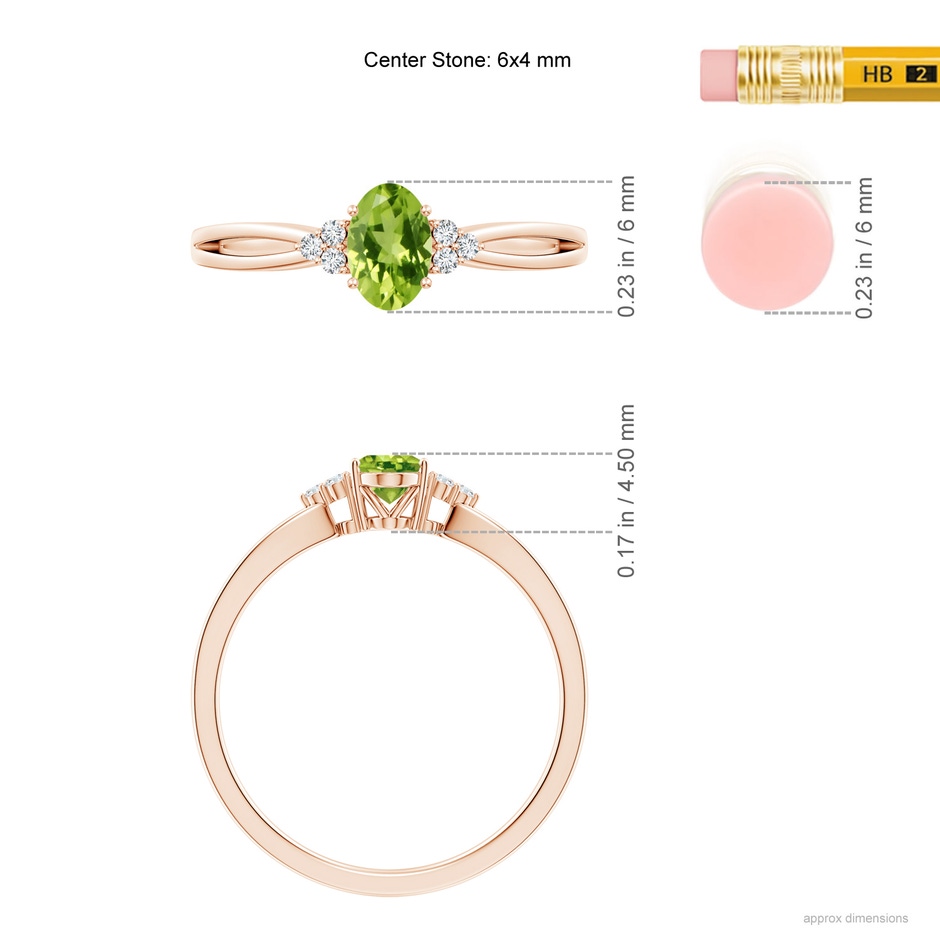 6x4mm AAA Solitaire Oval Peridot Split Shank Ring with Trio Diamonds in Rose Gold ruler