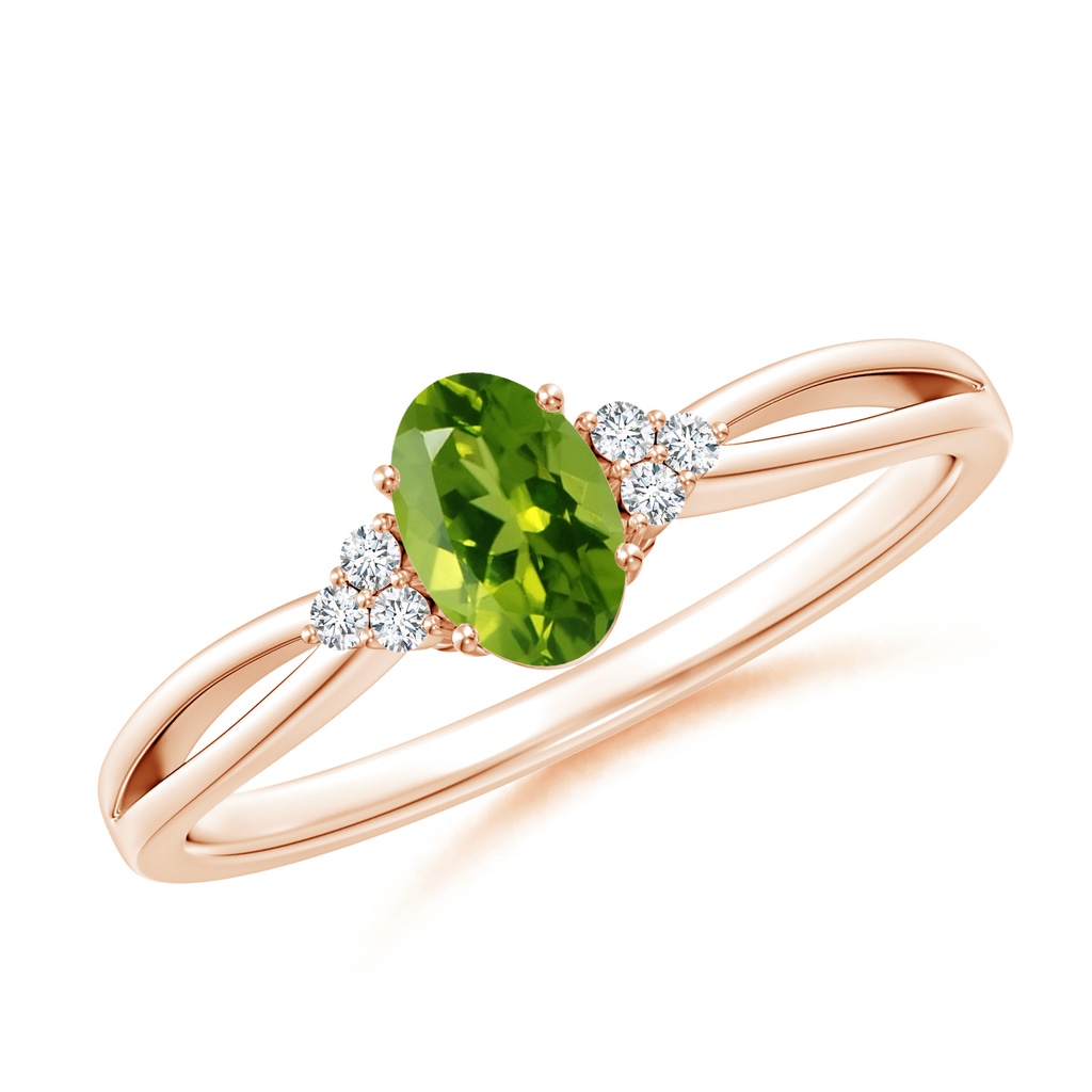 6x4mm AAAA Solitaire Oval Peridot Split Shank Ring with Trio Diamonds in Rose Gold