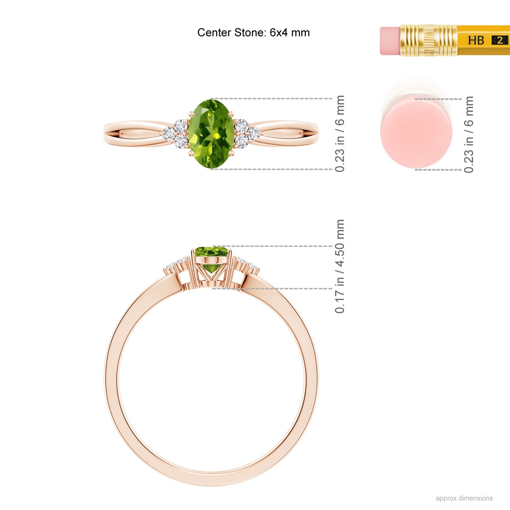 6x4mm AAAA Solitaire Oval Peridot Split Shank Ring with Trio Diamonds in Rose Gold Ruler