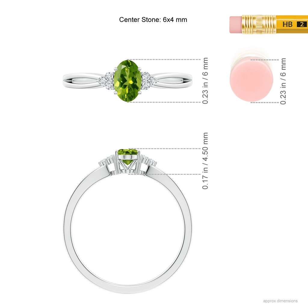 6x4mm AAAA Solitaire Oval Peridot Split Shank Ring with Trio Diamonds in White Gold Ruler