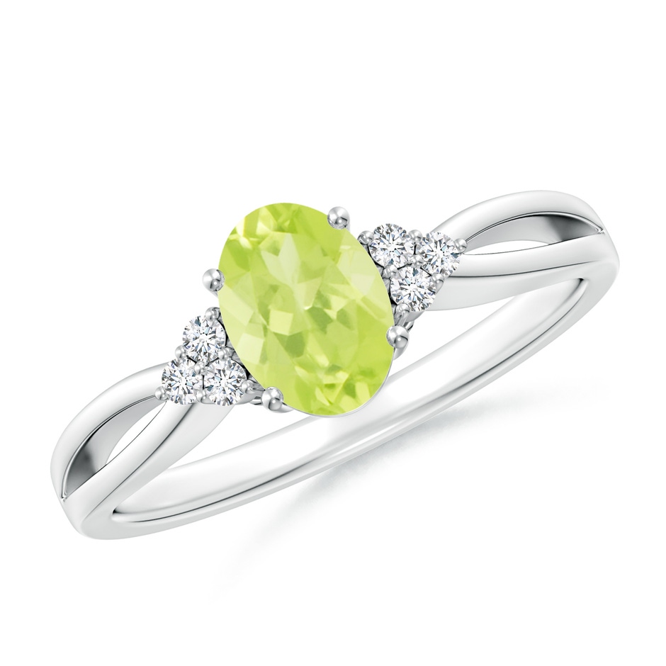 7x5mm A Solitaire Oval Peridot Split Shank Ring with Trio Diamonds in P950 Platinum 