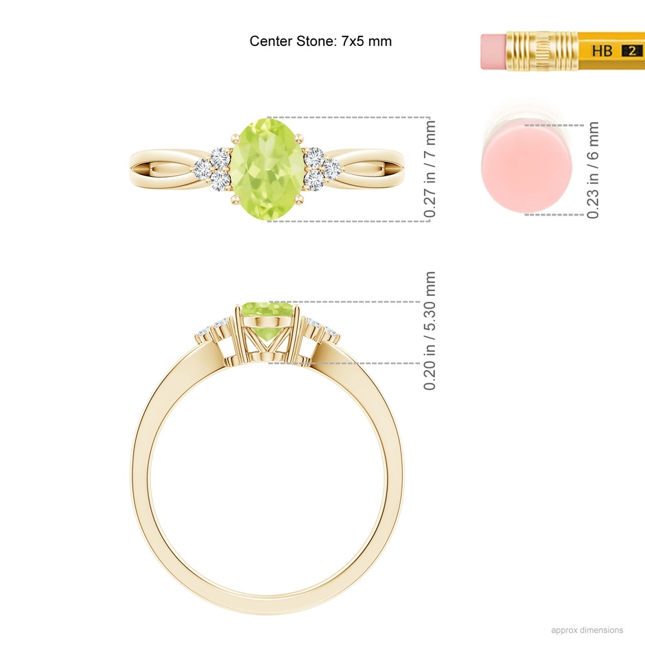 7x5mm A Solitaire Oval Peridot Split Shank Ring with Trio Diamonds in Yellow Gold ruler