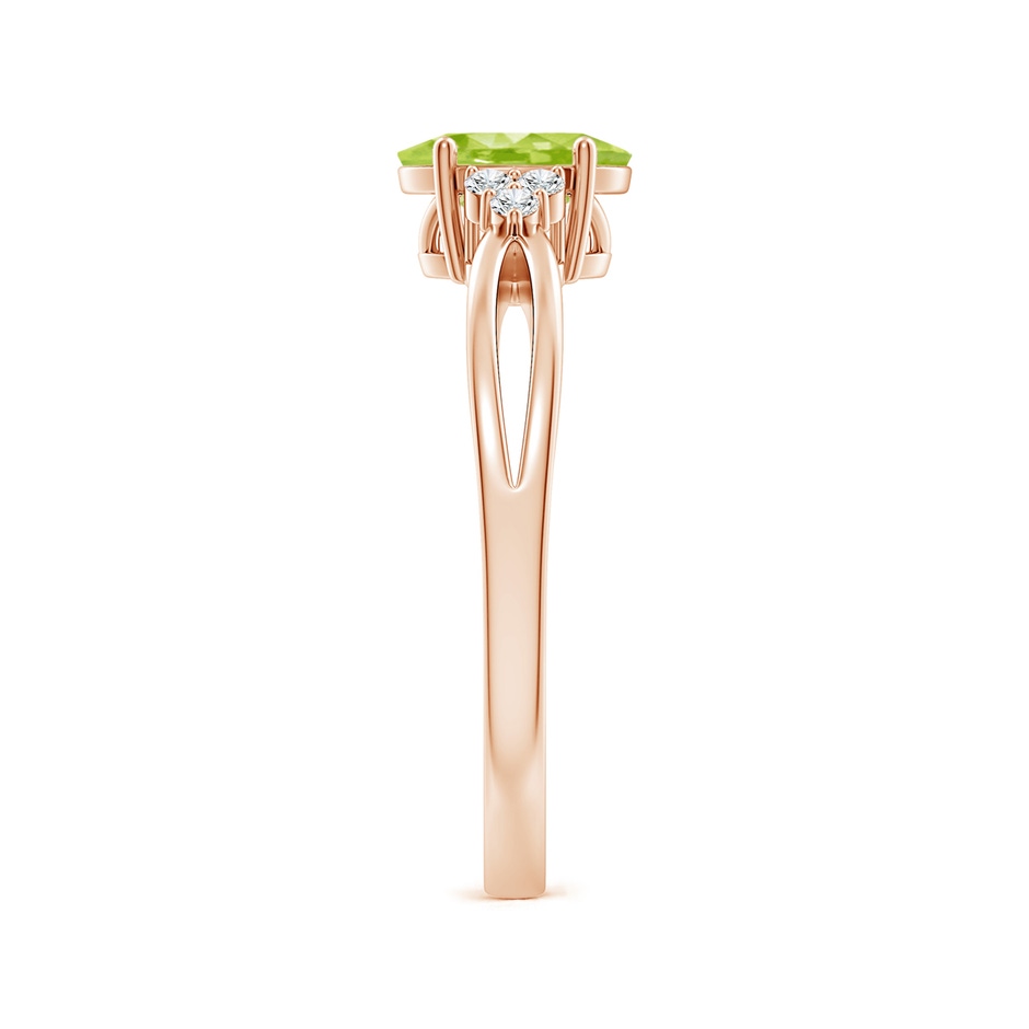 7x5mm AA Solitaire Oval Peridot Split Shank Ring with Trio Diamonds in Rose Gold side-2