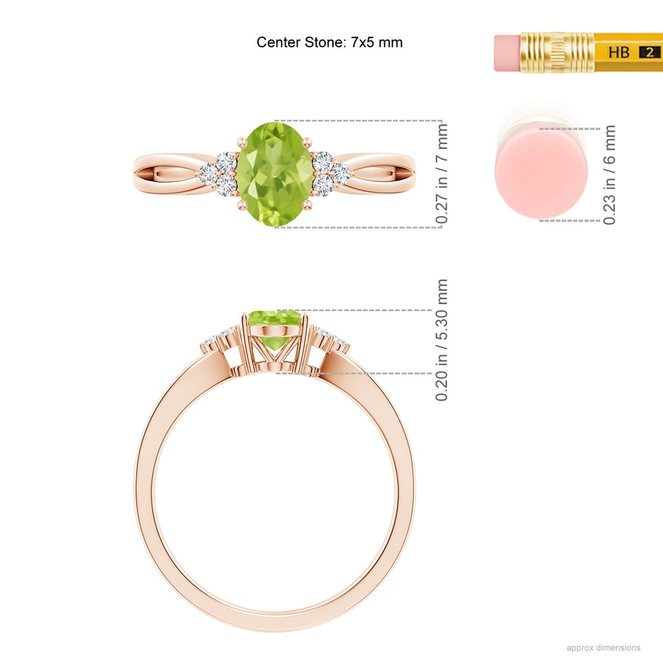 7x5mm AA Solitaire Oval Peridot Split Shank Ring with Trio Diamonds in Rose Gold ruler