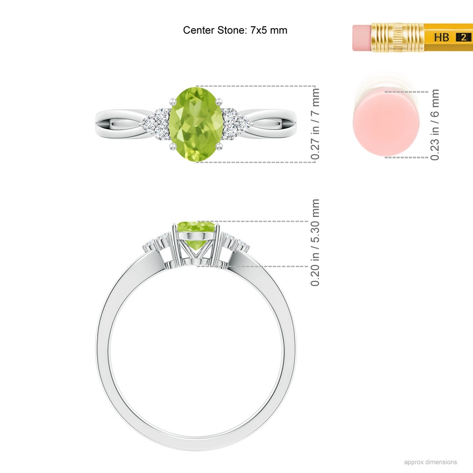 7x5mm AA Solitaire Oval Peridot Split Shank Ring with Trio Diamonds in White Gold ruler