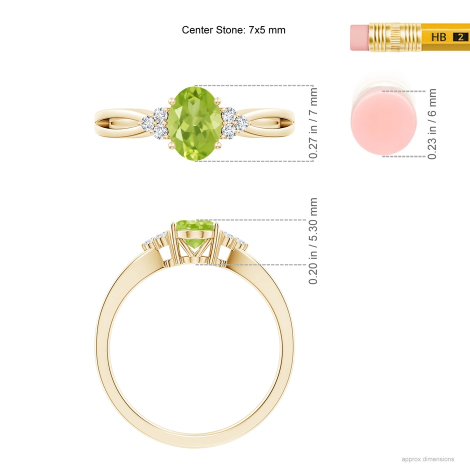7x5mm AA Solitaire Oval Peridot Split Shank Ring with Trio Diamonds in Yellow Gold ruler