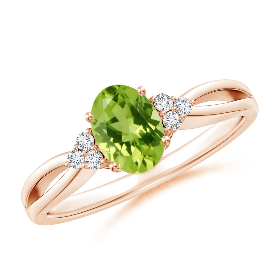 7x5mm AAA Solitaire Oval Peridot Split Shank Ring with Trio Diamonds in Rose Gold 
