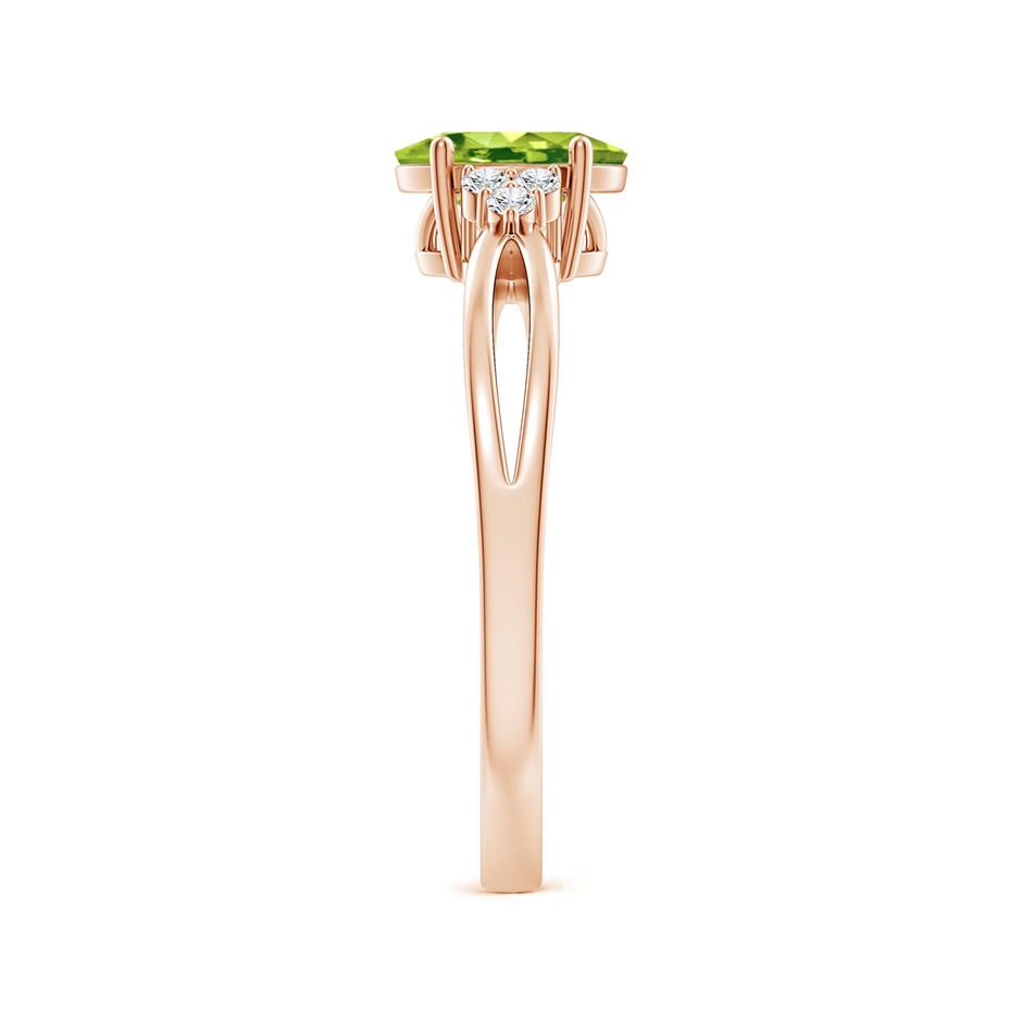 7x5mm AAA Solitaire Oval Peridot Split Shank Ring with Trio Diamonds in Rose Gold side-2
