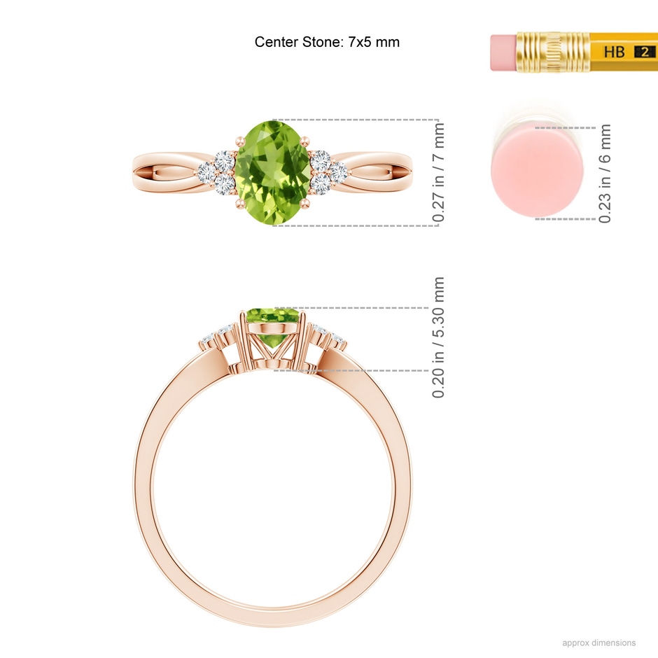 7x5mm AAA Solitaire Oval Peridot Split Shank Ring with Trio Diamonds in Rose Gold ruler