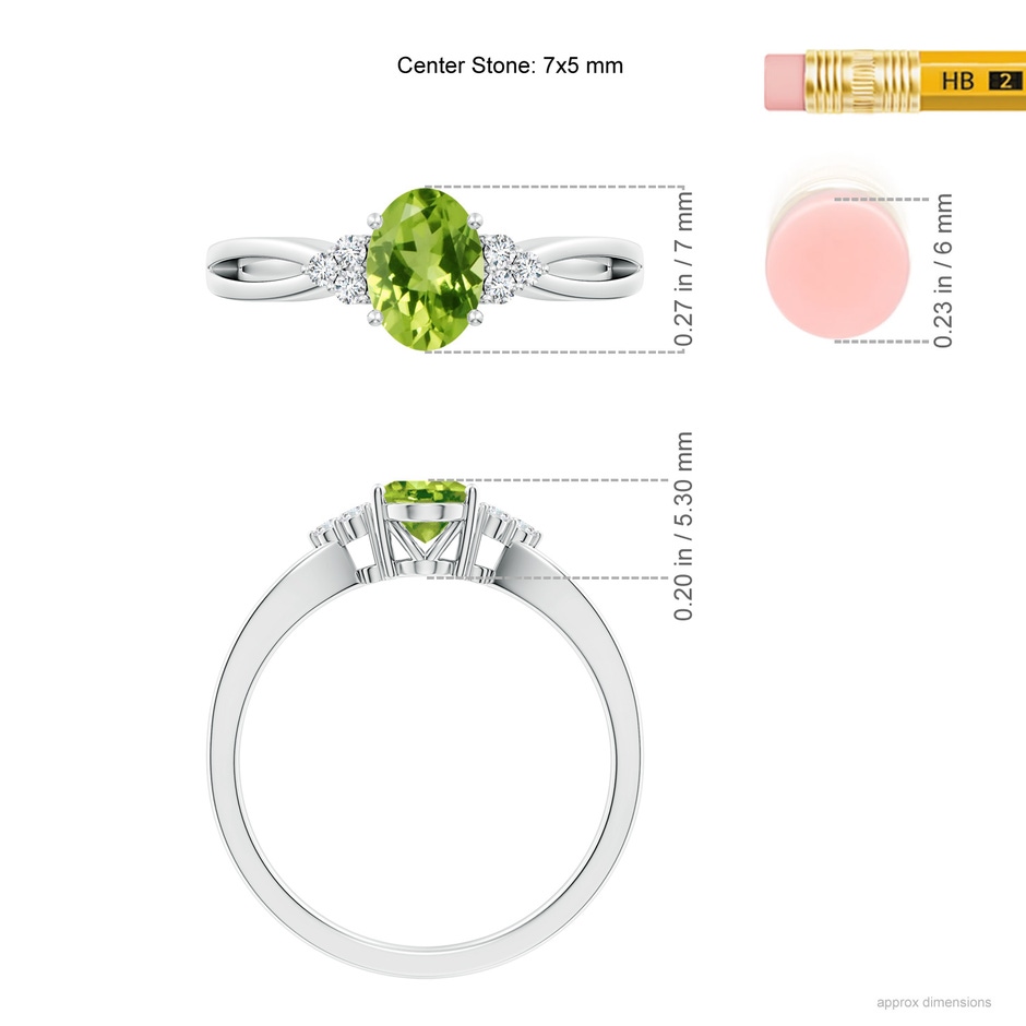 7x5mm AAA Solitaire Oval Peridot Split Shank Ring with Trio Diamonds in White Gold ruler