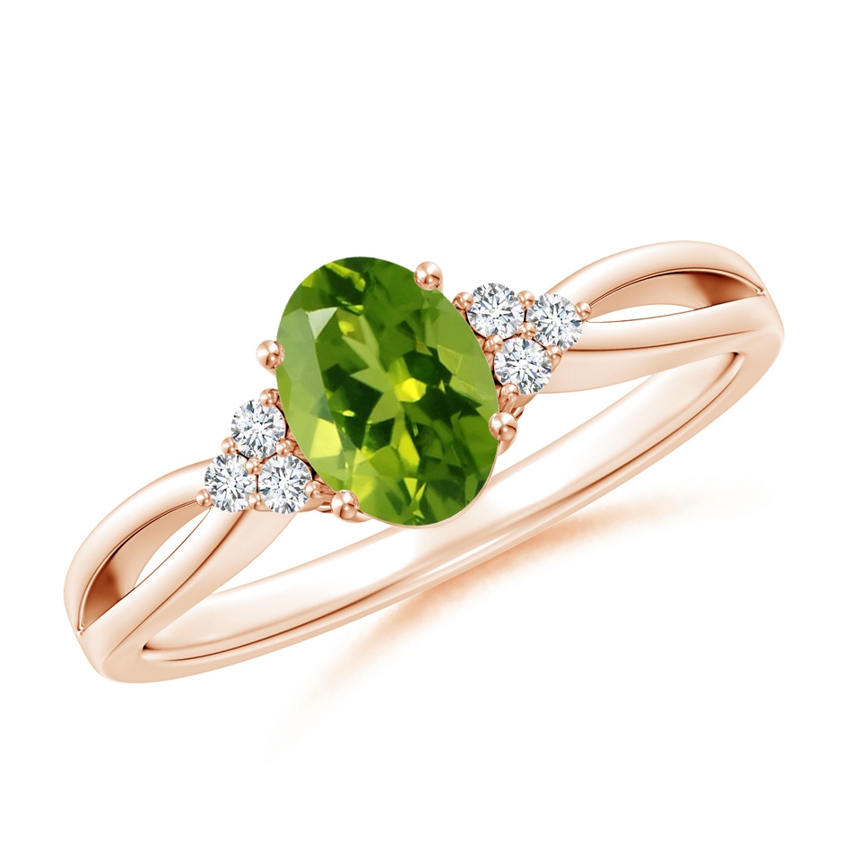 7x5mm AAAA Solitaire Oval Peridot Split Shank Ring with Trio Diamonds in Rose Gold 