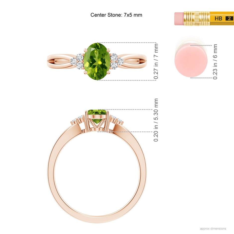 7x5mm AAAA Solitaire Oval Peridot Split Shank Ring with Trio Diamonds in Rose Gold ruler