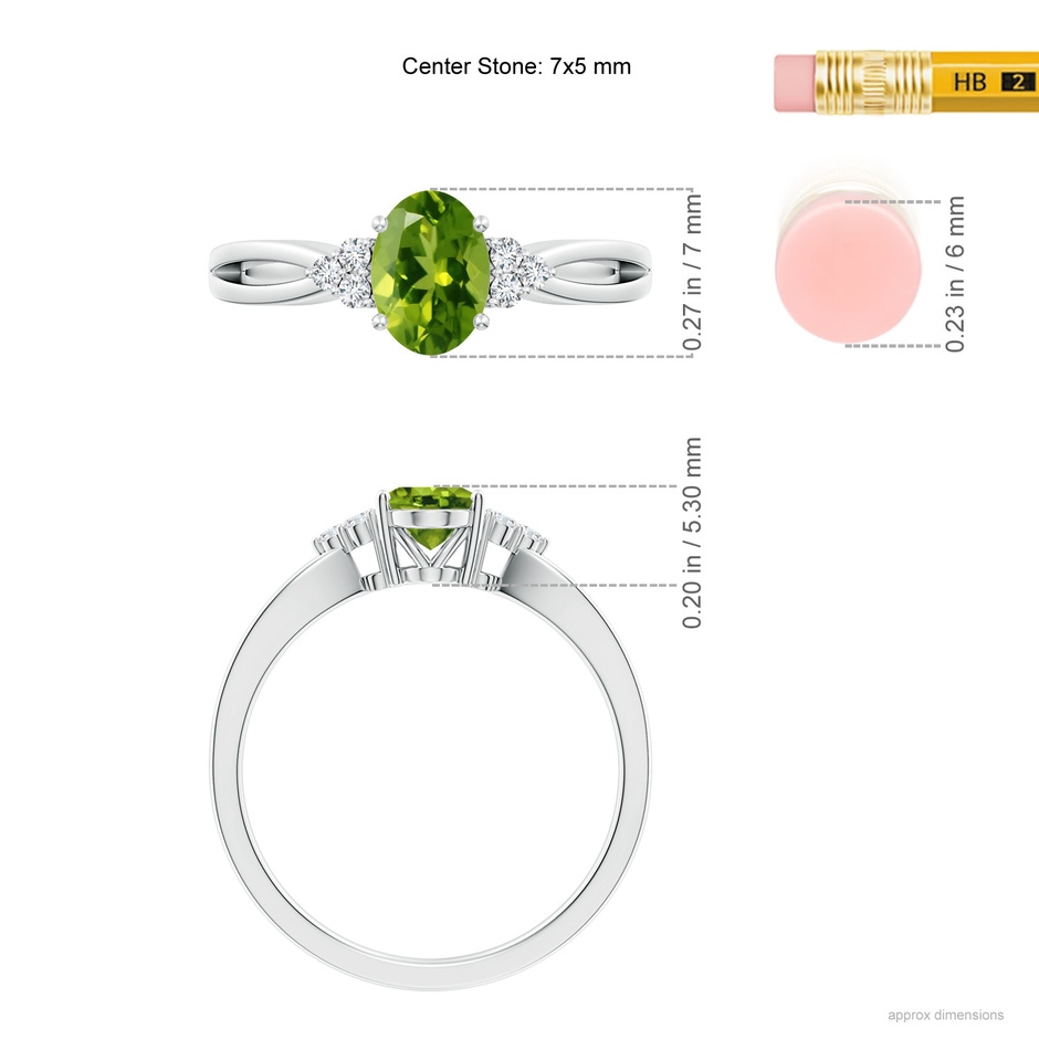 7x5mm AAAA Solitaire Oval Peridot Split Shank Ring with Trio Diamonds in White Gold ruler