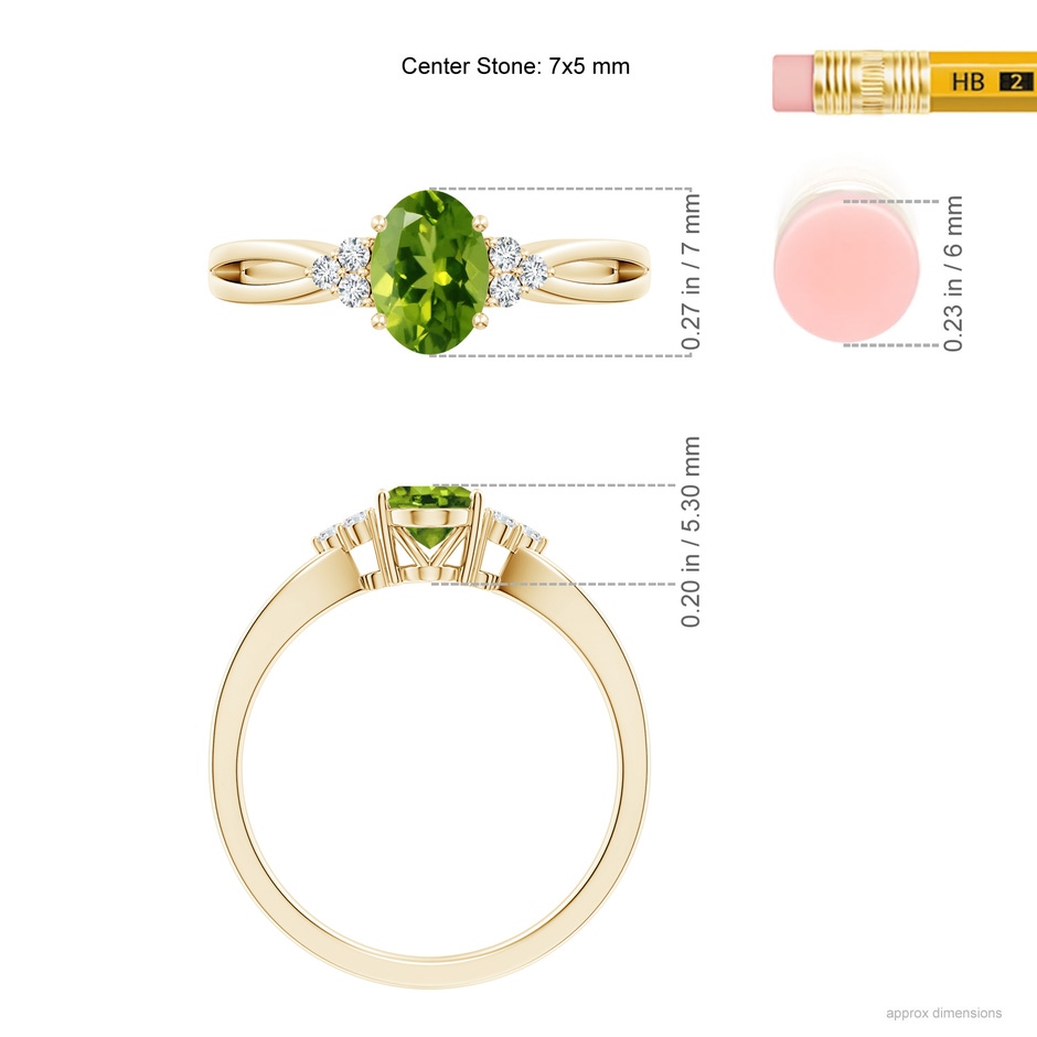 7x5mm AAAA Solitaire Oval Peridot Split Shank Ring with Trio Diamonds in Yellow Gold ruler