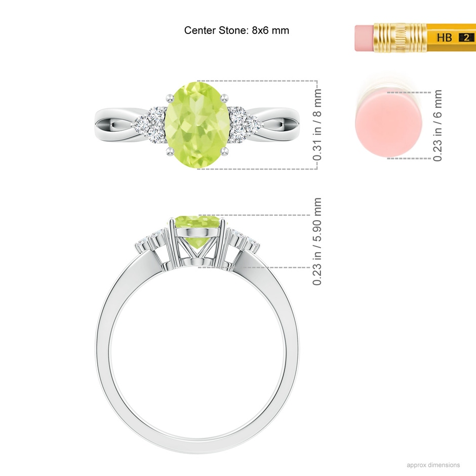 8x6mm A Solitaire Oval Peridot Split Shank Ring with Trio Diamonds in P950 Platinum ruler