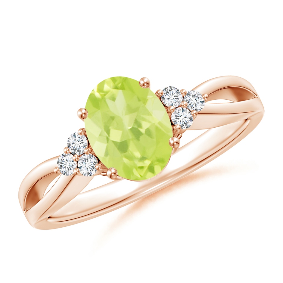 8x6mm A Solitaire Oval Peridot Split Shank Ring with Trio Diamonds in Rose Gold 