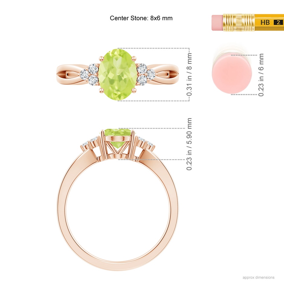8x6mm A Solitaire Oval Peridot Split Shank Ring with Trio Diamonds in Rose Gold ruler