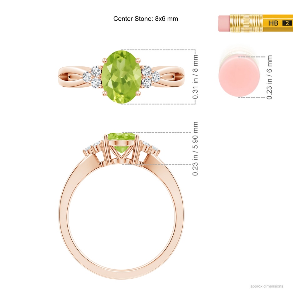 8x6mm AA Solitaire Oval Peridot Split Shank Ring with Trio Diamonds in Rose Gold ruler