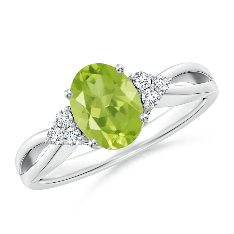8x6mm AA Solitaire Oval Peridot Split Shank Ring with Trio Diamonds in White Gold 