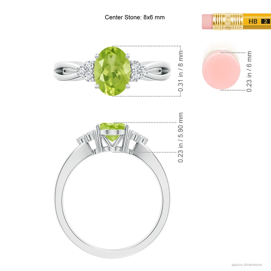 8x6mm AA Solitaire Oval Peridot Split Shank Ring with Trio Diamonds in White Gold ruler