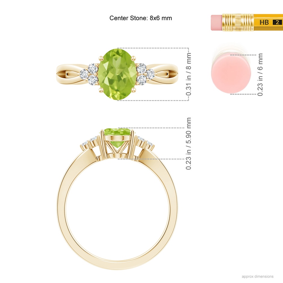 8x6mm AA Solitaire Oval Peridot Split Shank Ring with Trio Diamonds in Yellow Gold ruler