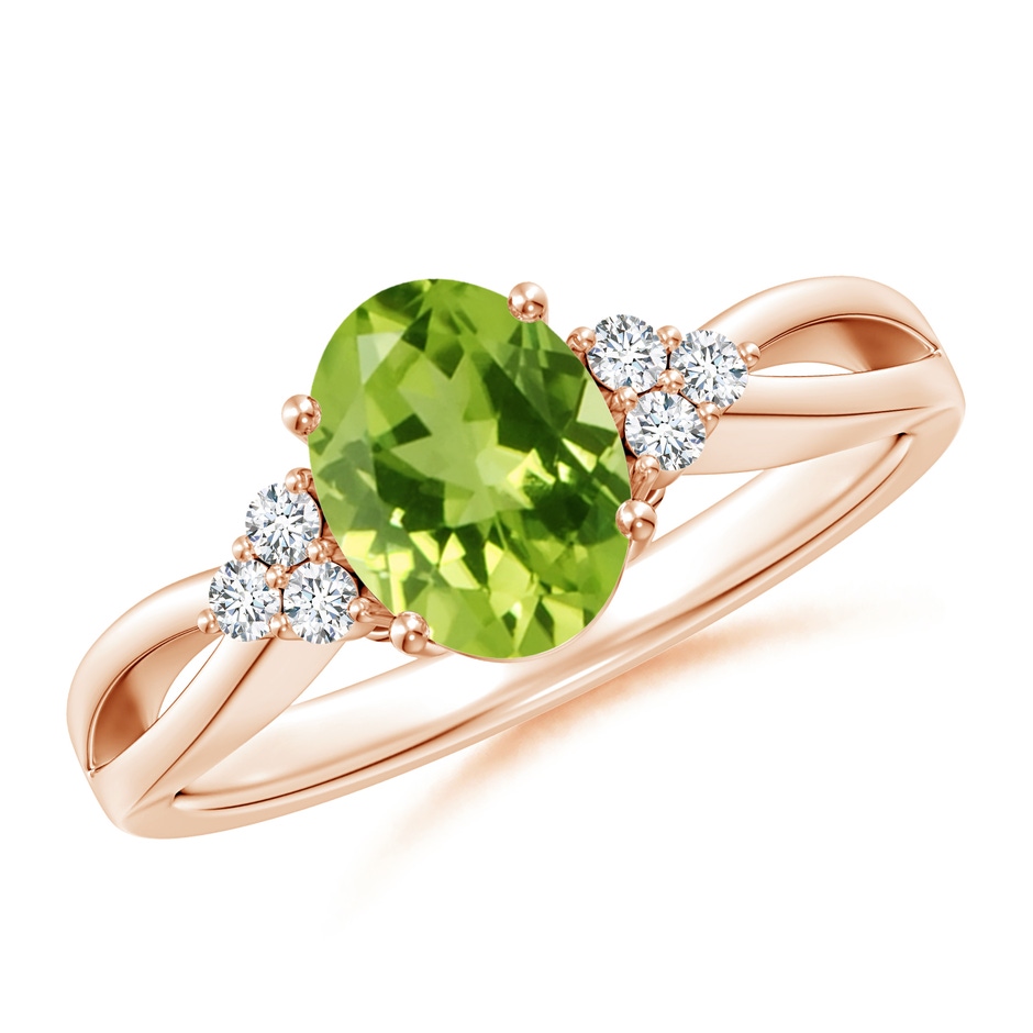 8x6mm AAA Solitaire Oval Peridot Split Shank Ring with Trio Diamonds in Rose Gold 