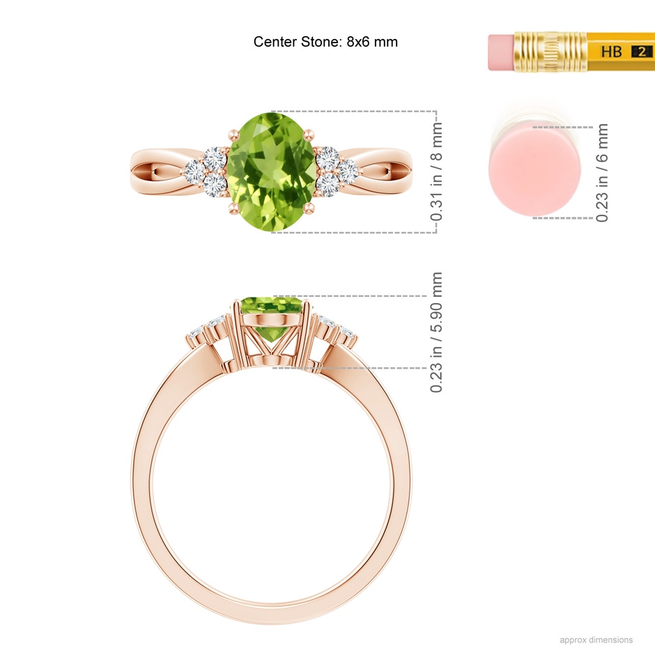 8x6mm AAA Solitaire Oval Peridot Split Shank Ring with Trio Diamonds in Rose Gold ruler