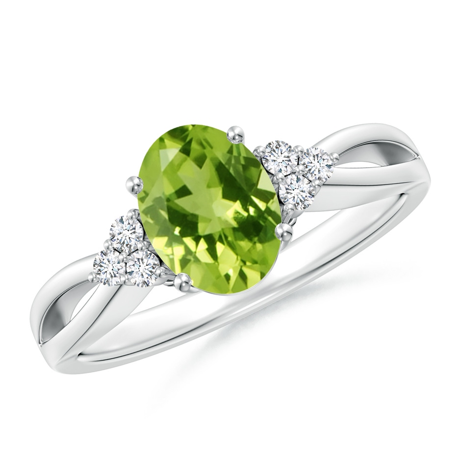 8x6mm AAA Solitaire Oval Peridot Split Shank Ring with Trio Diamonds in White Gold 