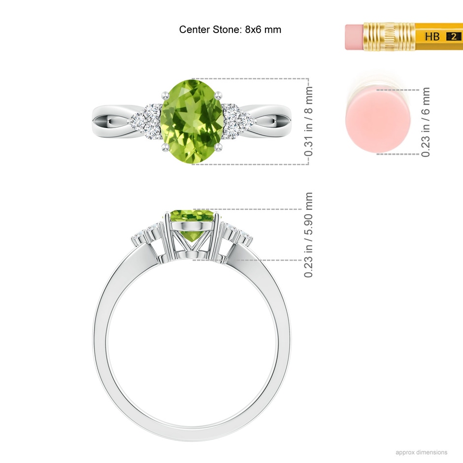 8x6mm AAA Solitaire Oval Peridot Split Shank Ring with Trio Diamonds in White Gold ruler