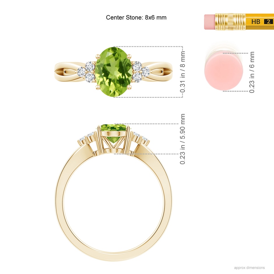 8x6mm AAA Solitaire Oval Peridot Split Shank Ring with Trio Diamonds in Yellow Gold ruler