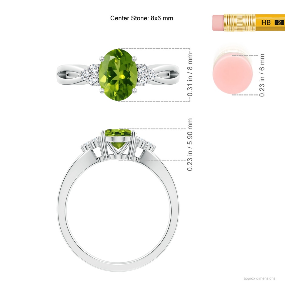 8x6mm AAAA Solitaire Oval Peridot Split Shank Ring with Trio Diamonds in P950 Platinum ruler