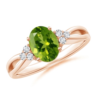 8x6mm AAAA Solitaire Oval Peridot Split Shank Ring with Trio Diamonds in Rose Gold