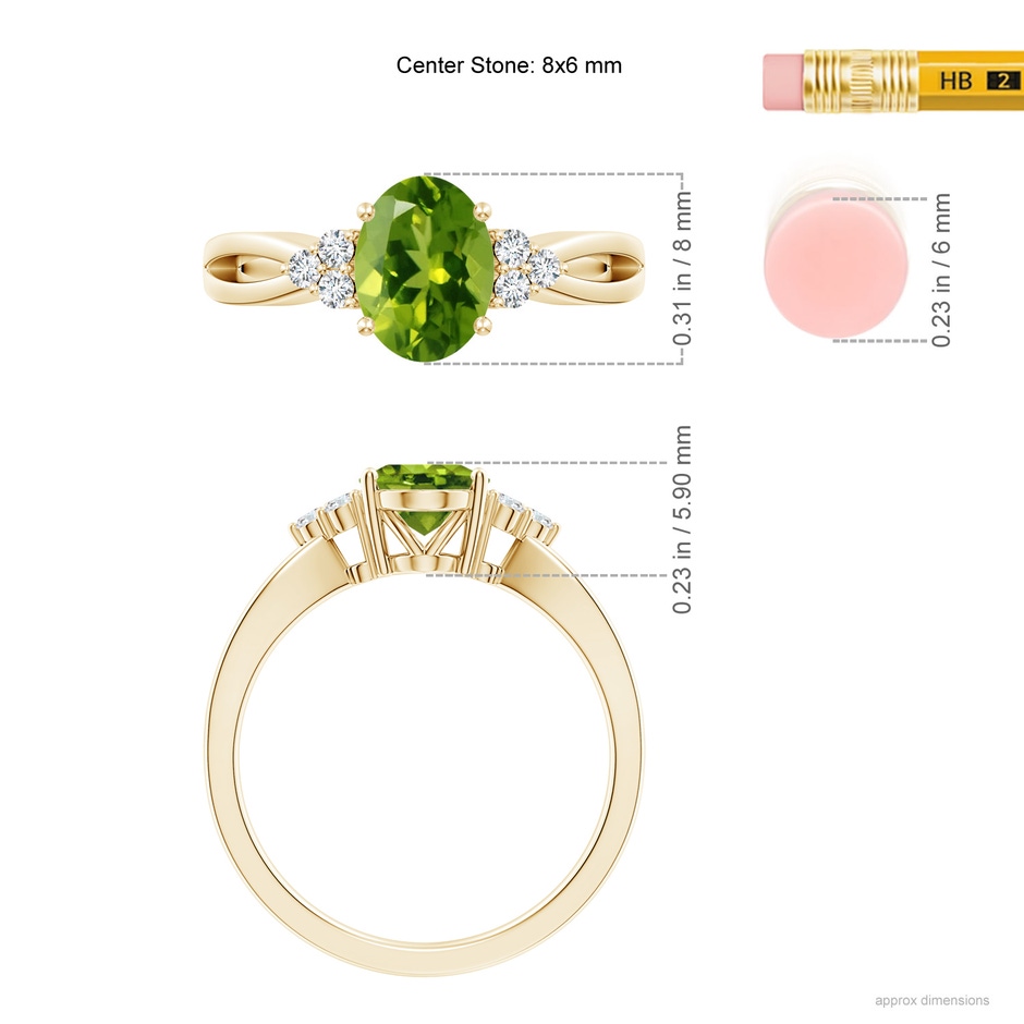 8x6mm AAAA Solitaire Oval Peridot Split Shank Ring with Trio Diamonds in Yellow Gold ruler