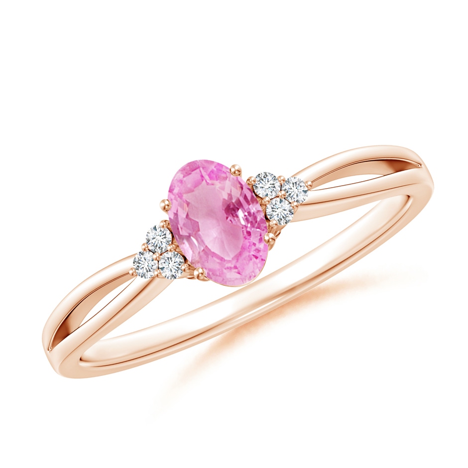 6x4mm A Oval Pink Sapphire Split Shank Ring with Trio Diamonds in Rose Gold 