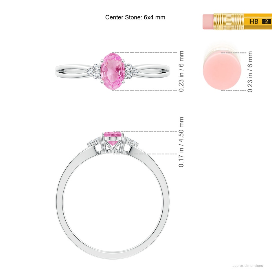 6x4mm A Oval Pink Sapphire Split Shank Ring with Trio Diamonds in White Gold ruler