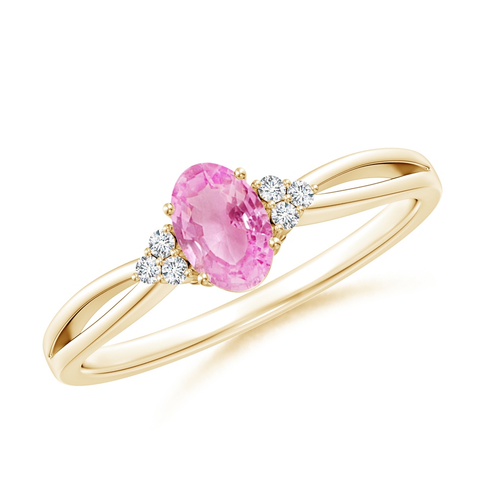 6x4mm A Oval Pink Sapphire Split Shank Ring with Trio Diamonds in Yellow Gold 
