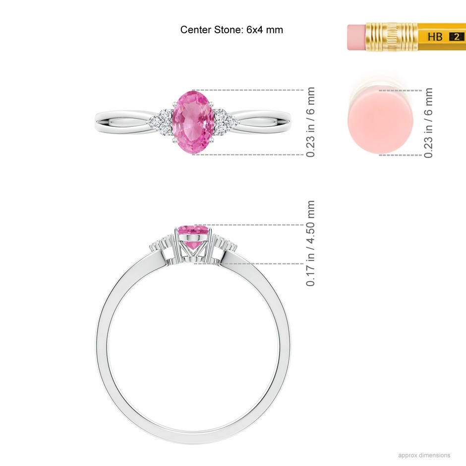 6x4mm AA Oval Pink Sapphire Split Shank Ring with Trio Diamonds in P950 Platinum ruler