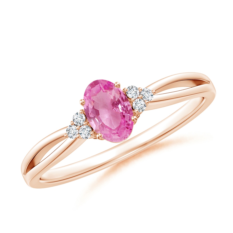6x4mm AA Oval Pink Sapphire Split Shank Ring with Trio Diamonds in Rose Gold 