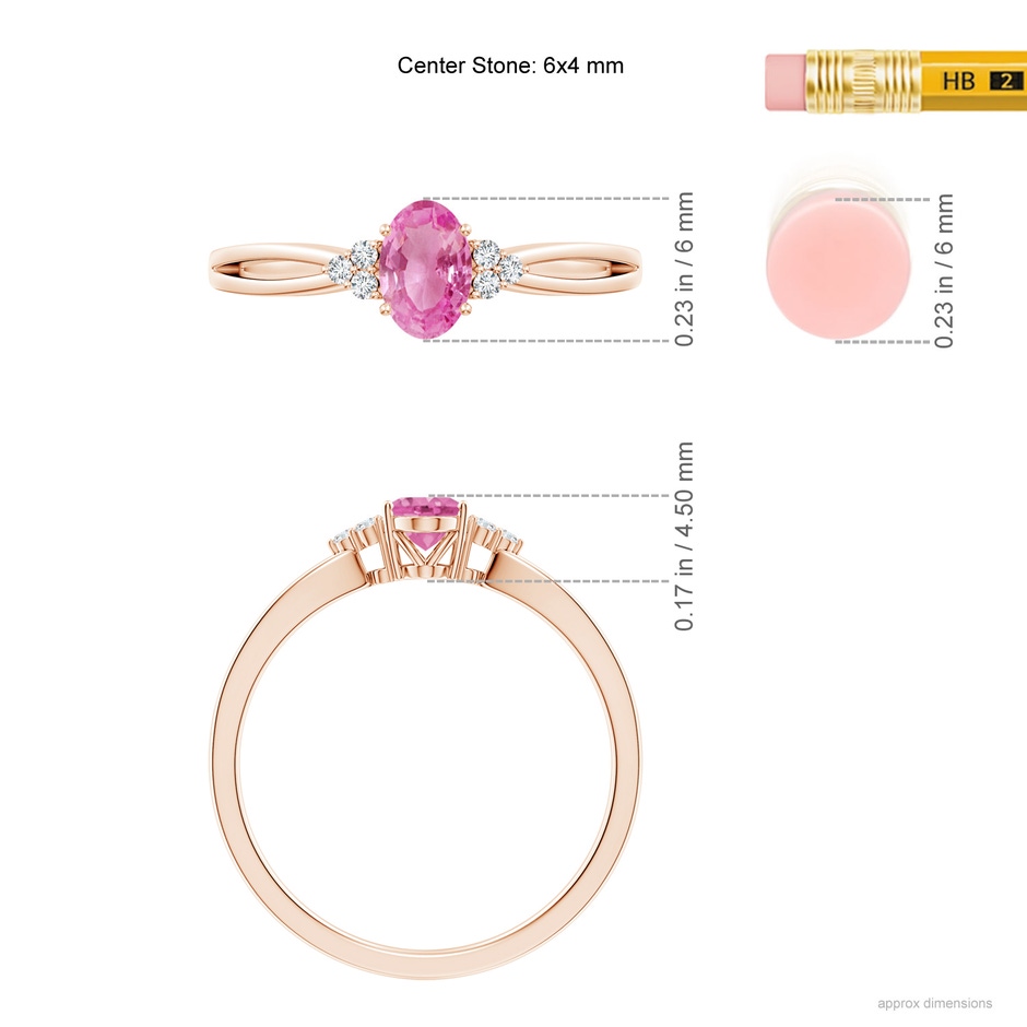 6x4mm AA Oval Pink Sapphire Split Shank Ring with Trio Diamonds in Rose Gold ruler