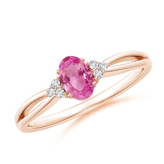 6x4mm AAA Oval Pink Sapphire Split Shank Ring with Trio Diamonds in Rose Gold
