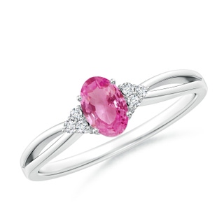 6x4mm AAA Oval Pink Sapphire Split Shank Ring with Trio Diamonds in White Gold