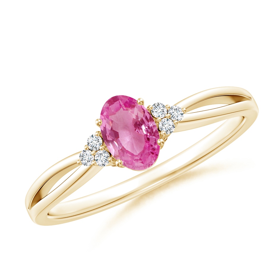 6x4mm AAA Oval Pink Sapphire Split Shank Ring with Trio Diamonds in Yellow Gold 