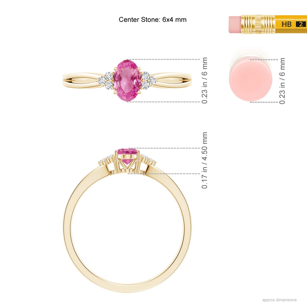 6x4mm AAA Oval Pink Sapphire Split Shank Ring with Trio Diamonds in Yellow Gold Ruler