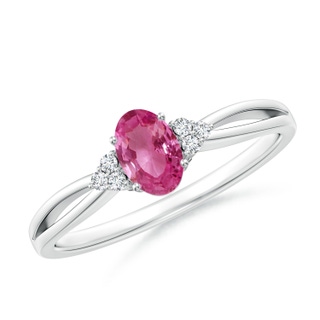 6x4mm AAAA Oval Pink Sapphire Split Shank Ring with Trio Diamonds in P950 Platinum