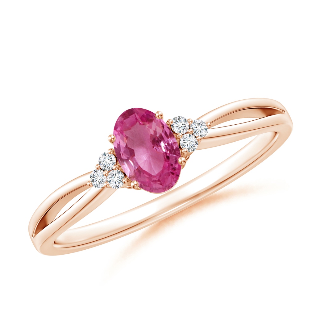 6x4mm AAAA Oval Pink Sapphire Split Shank Ring with Trio Diamonds in Rose Gold