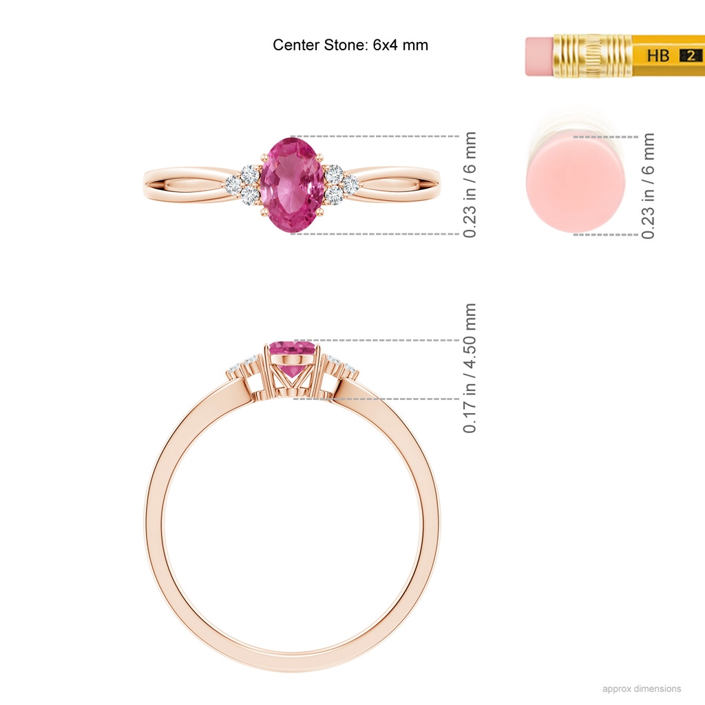 6x4mm AAAA Oval Pink Sapphire Split Shank Ring with Trio Diamonds in Rose Gold Ruler