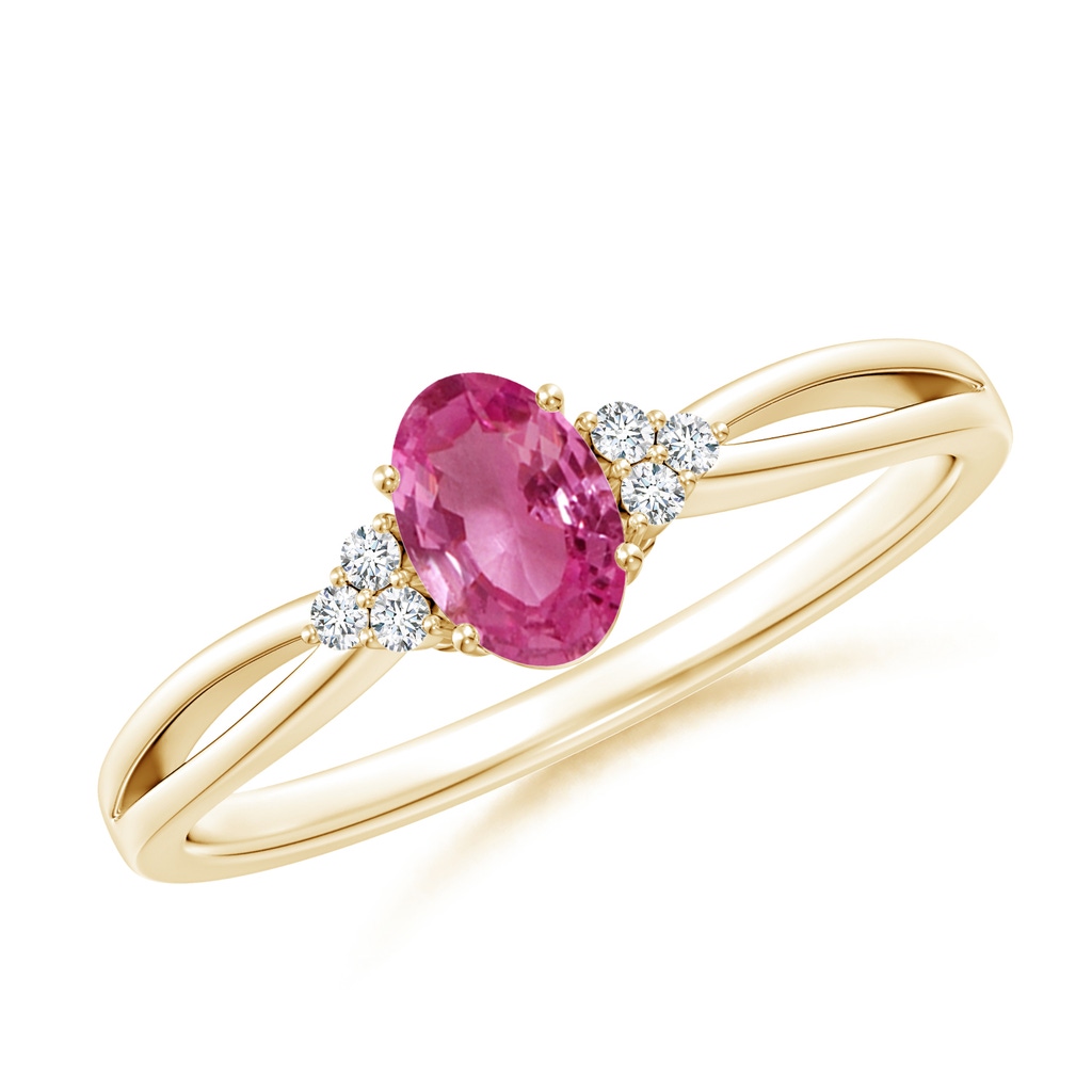 6x4mm AAAA Oval Pink Sapphire Split Shank Ring with Trio Diamonds in Yellow Gold